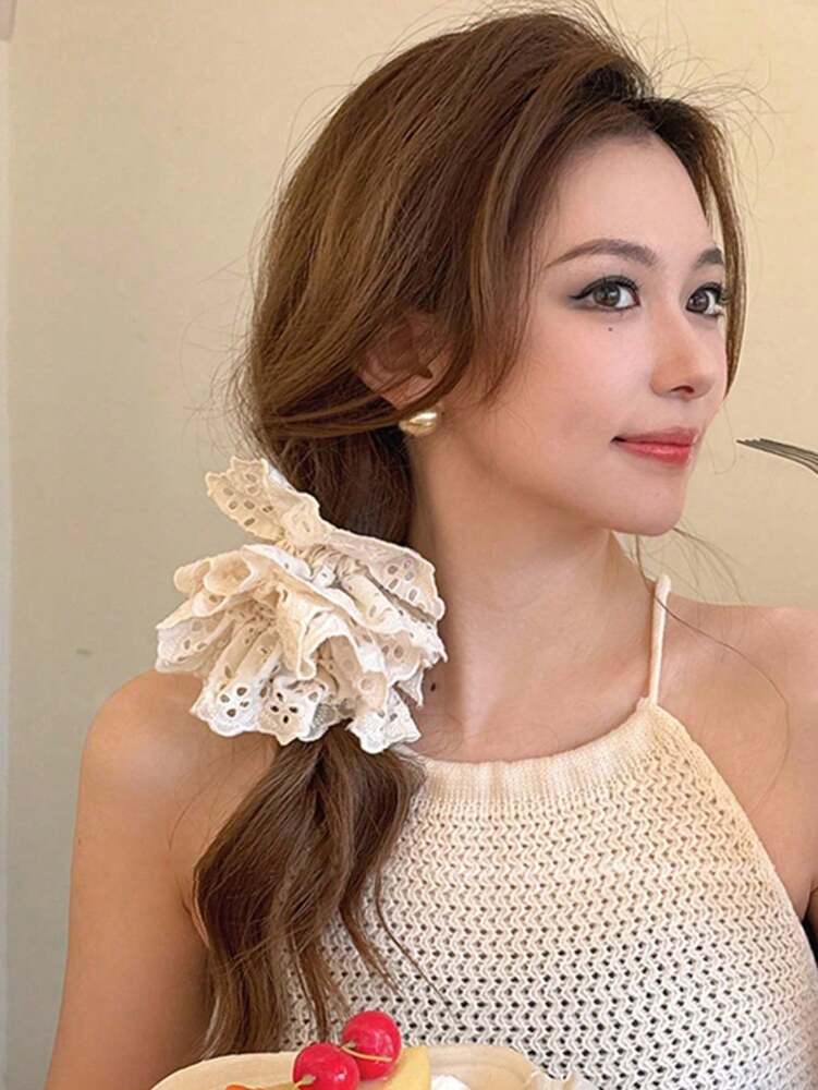 Lace Hollow Scrunchies Set, 1/2pcs Elegant White And Pink Hair Ties For Women