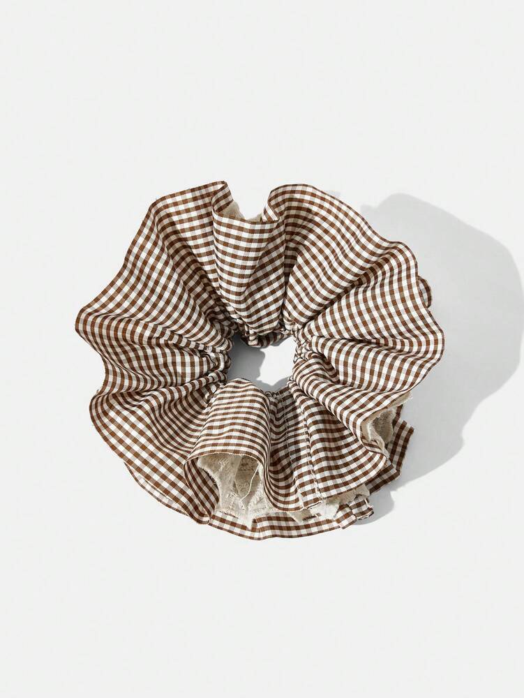 Plaid Lace Ruffle Scrunchie, 4-Layer Large Bun Hair Tie For Women