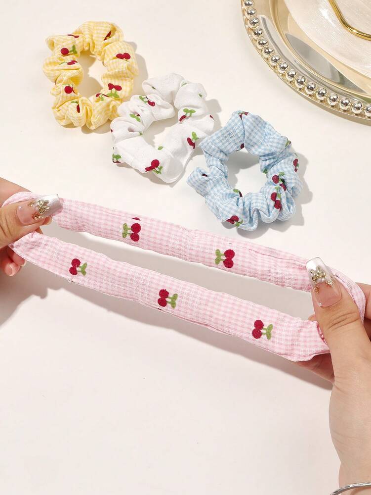 Knitted Candy Color Scrunchies Set, 4pcs Bohemian Grid Cherry Hair Ties