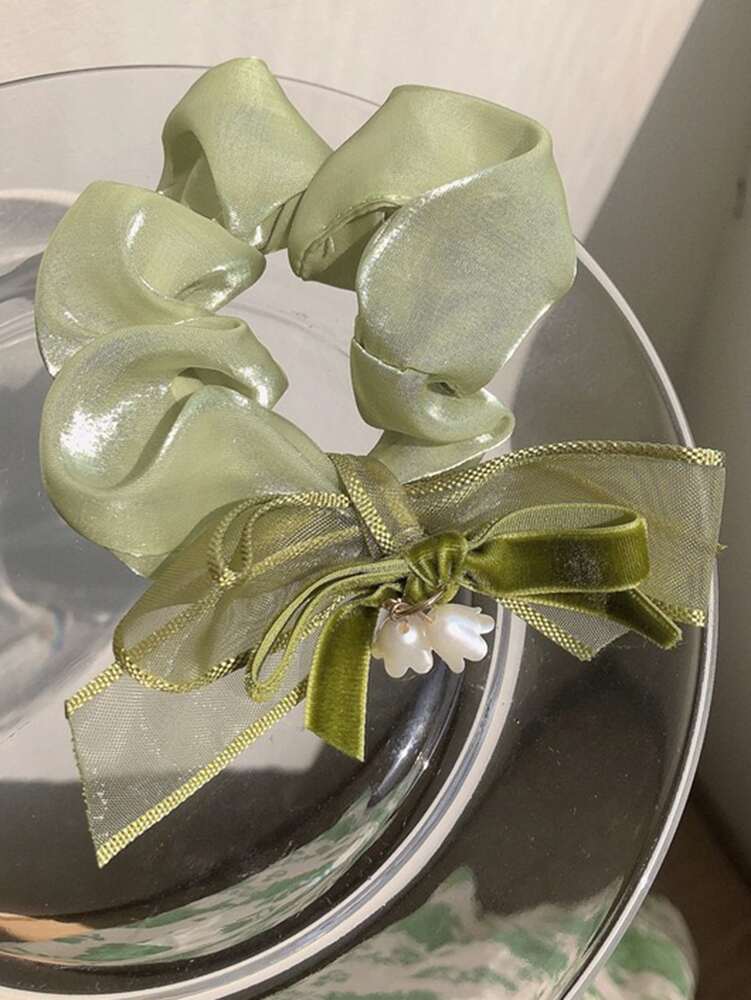 Bow Decor Floral Scrunchies Set, 2pcs Cute Hair Ties Ponytail Holders For Women