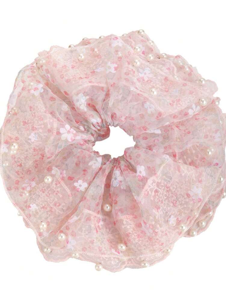 Retro Ditsy Floral Lace Scrunchie, Faux Pearl Decor Hair Tie For Women