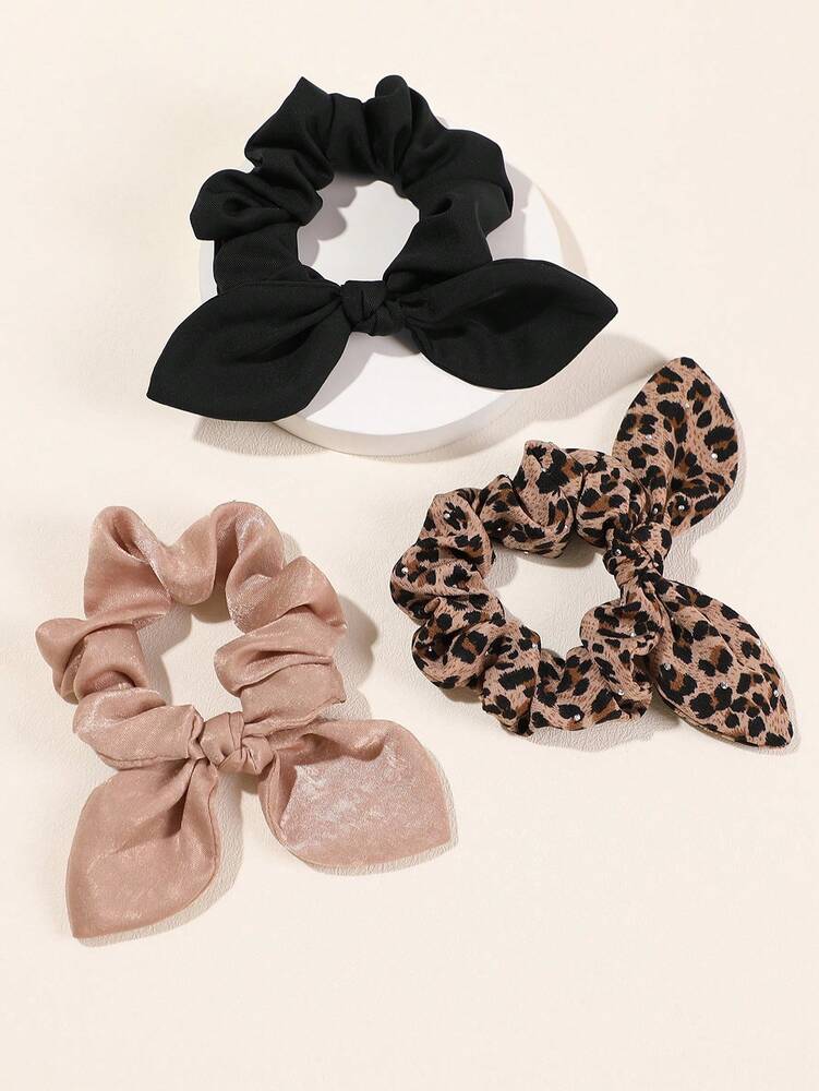 Retro Leopard Print Rhinestone Scrunchies Set, 3pcs Rabbit Ear Design Hair Ties For Women