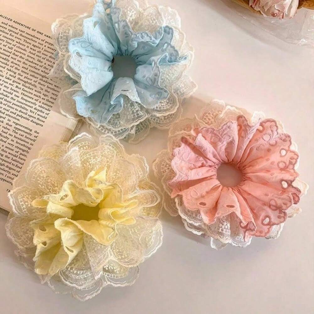 French Blue Lace Scrunchie, Hollow Floral Hair Tie For Daily Wear