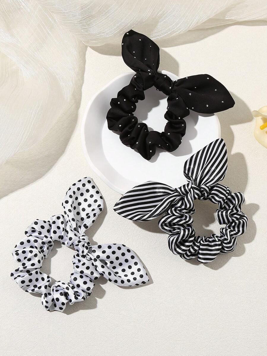 Retro Leopard Print Rhinestone Scrunchies Set, 3pcs Rabbit Ear Design Hair Ties For Women
