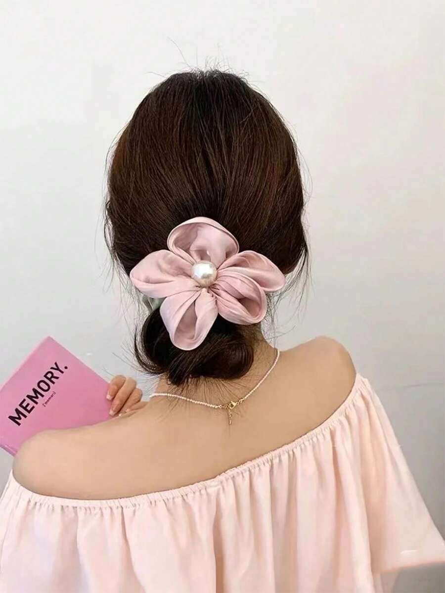 Faux Pearl Flower Scrunchie, Elegant Leather Band Hair Tie For Women