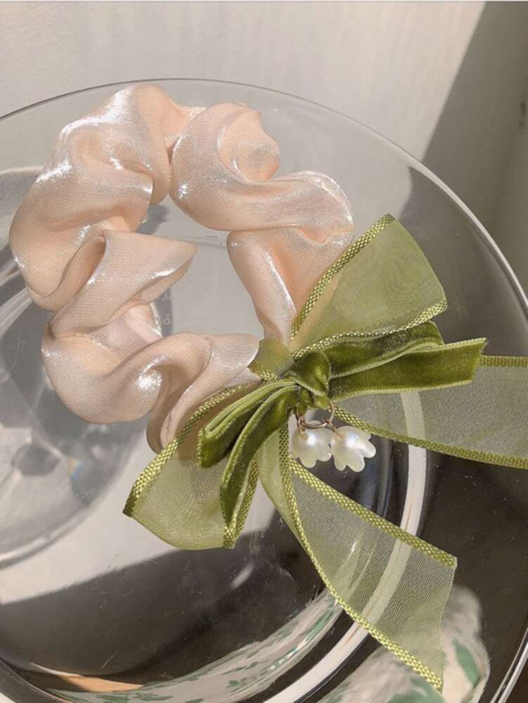 Bow Decor Floral Scrunchies Set, 2pcs Cute Hair Ties Ponytail Holders For Women
