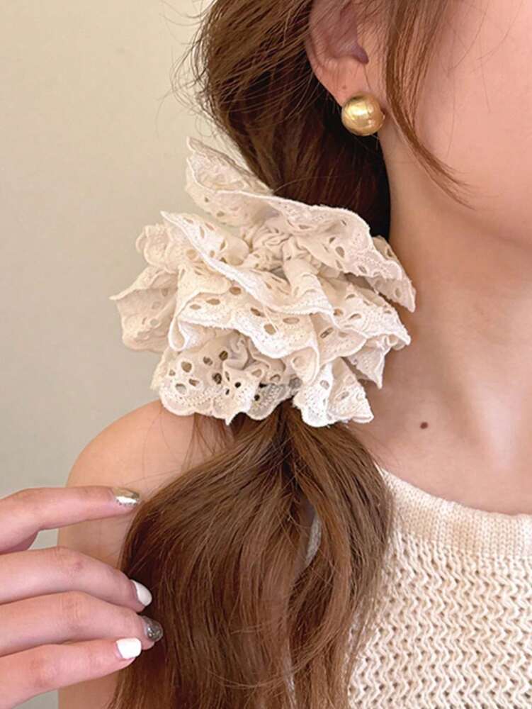 Lace Hollow Scrunchies Set, 1/2pcs Elegant White And Pink Hair Ties For Women