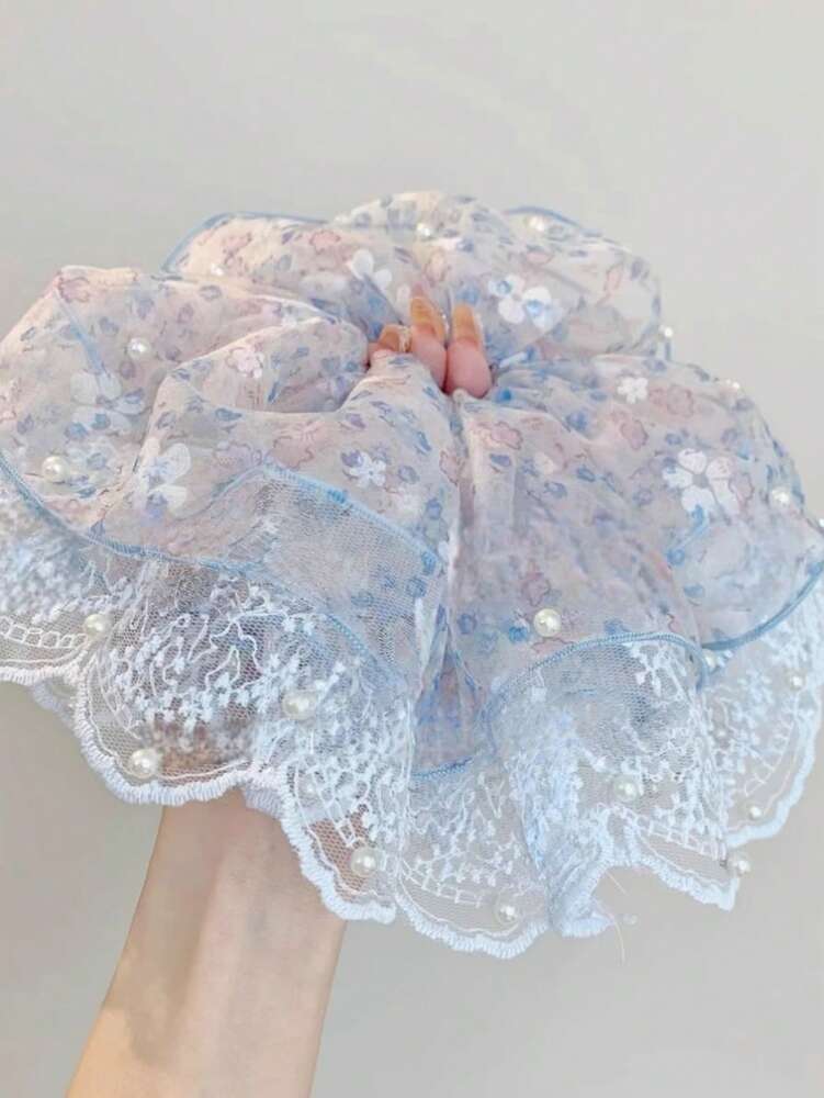 Retro Ditsy Floral Lace Scrunchie, Faux Pearl Decor Hair Tie For Women