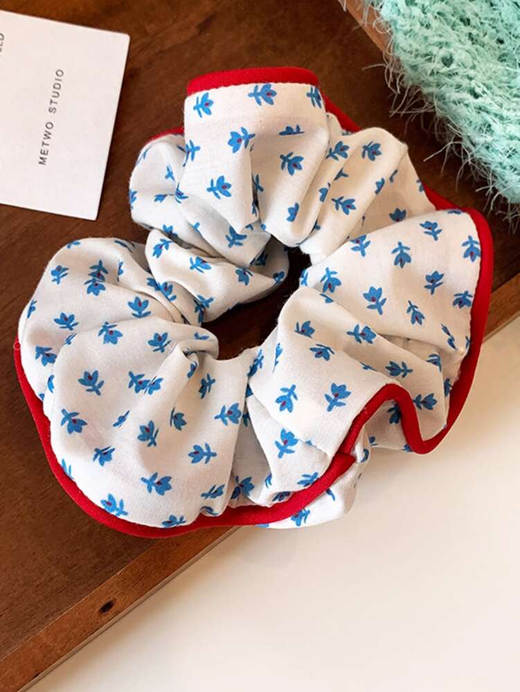 Bow Cloth Scrunchies Set, 2pcs Checked And Floral Print Hair Ties For Women
