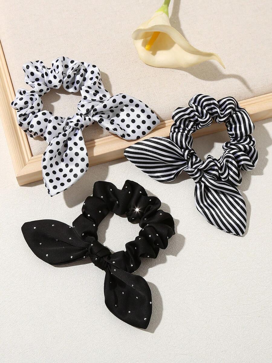 Retro Leopard Print Rhinestone Scrunchies Set, 3pcs Rabbit Ear Design Hair Ties For Women