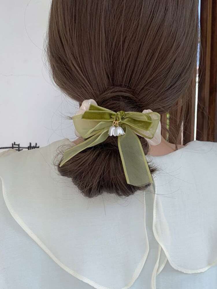 Bow Decor Floral Scrunchies Set, 2pcs Cute Hair Ties Ponytail Holders For Women