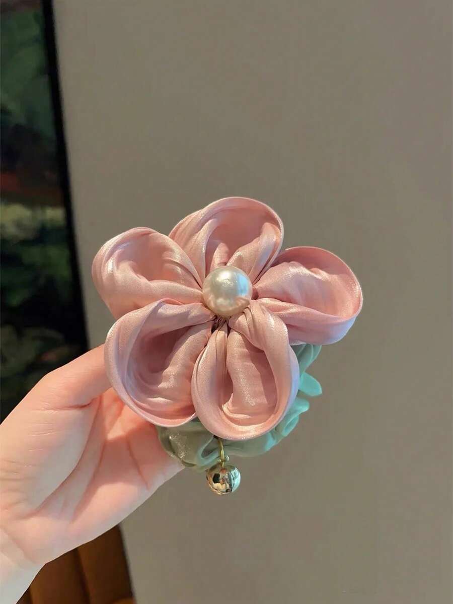 Faux Pearl Flower Scrunchie, Elegant Leather Band Hair Tie For Women