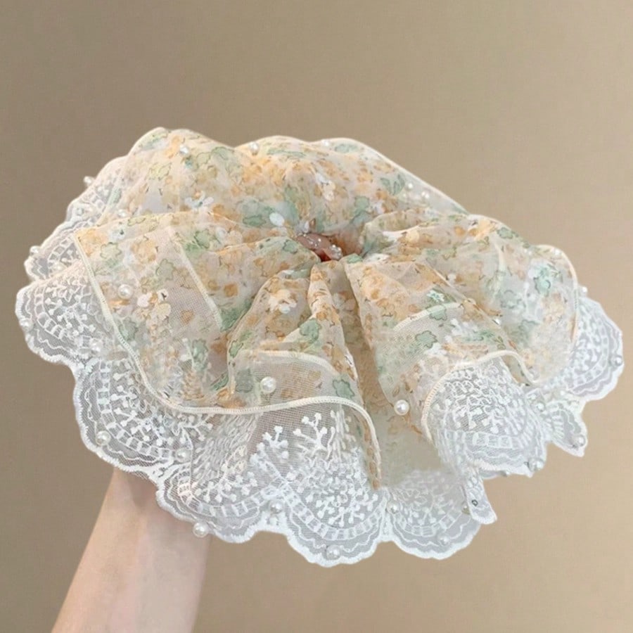 Retro Ditsy Floral Lace Scrunchie, Faux Pearl Decor Hair Tie For Women