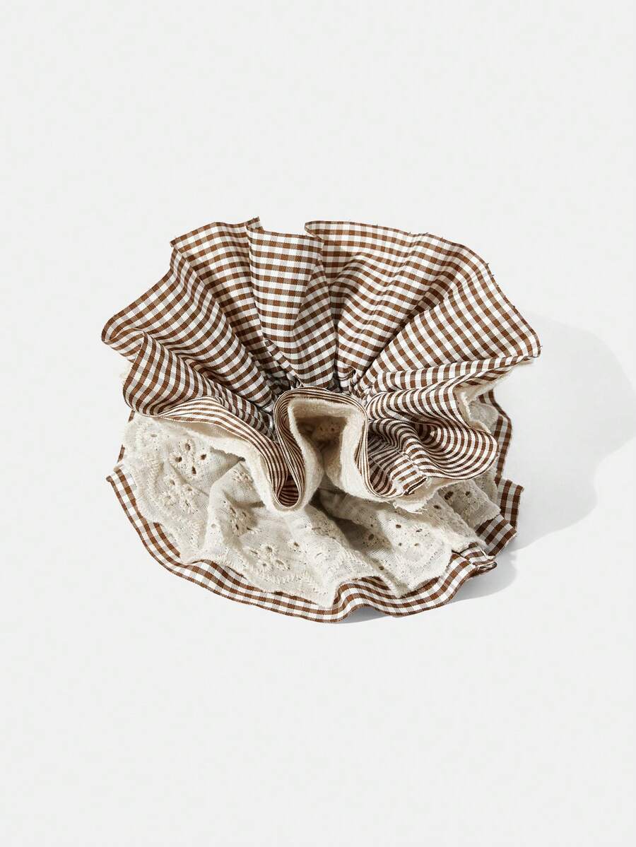 Plaid Lace Ruffle Scrunchie, 4-Layer Large Bun Hair Tie For Women