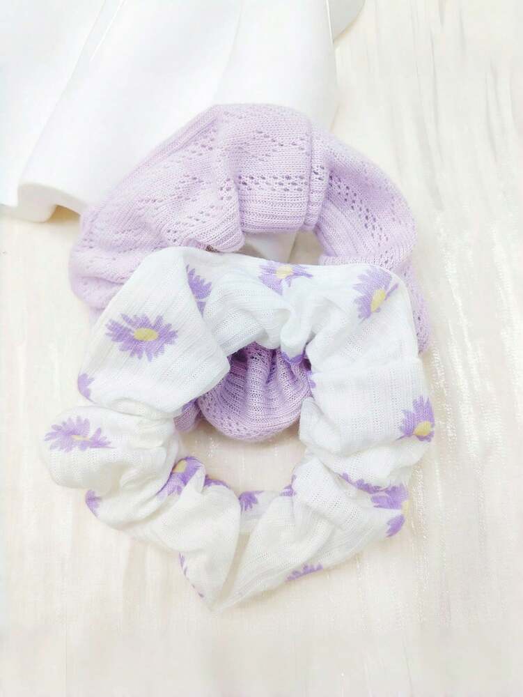 Floral Design Scrunchies Set, 2pcs Cute Hair Ties For Outings And Parties