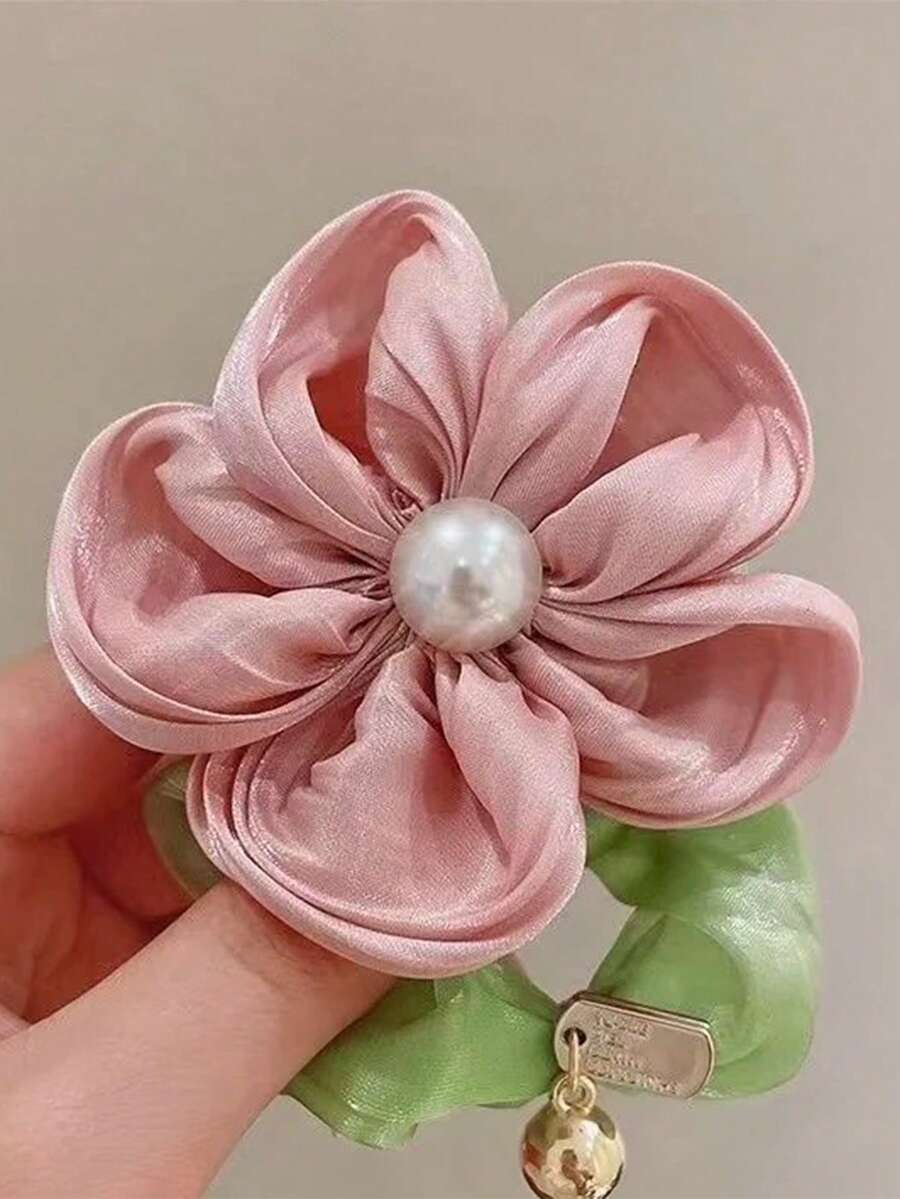 Faux Pearl Flower Scrunchie, Elegant Leather Band Hair Tie For Women