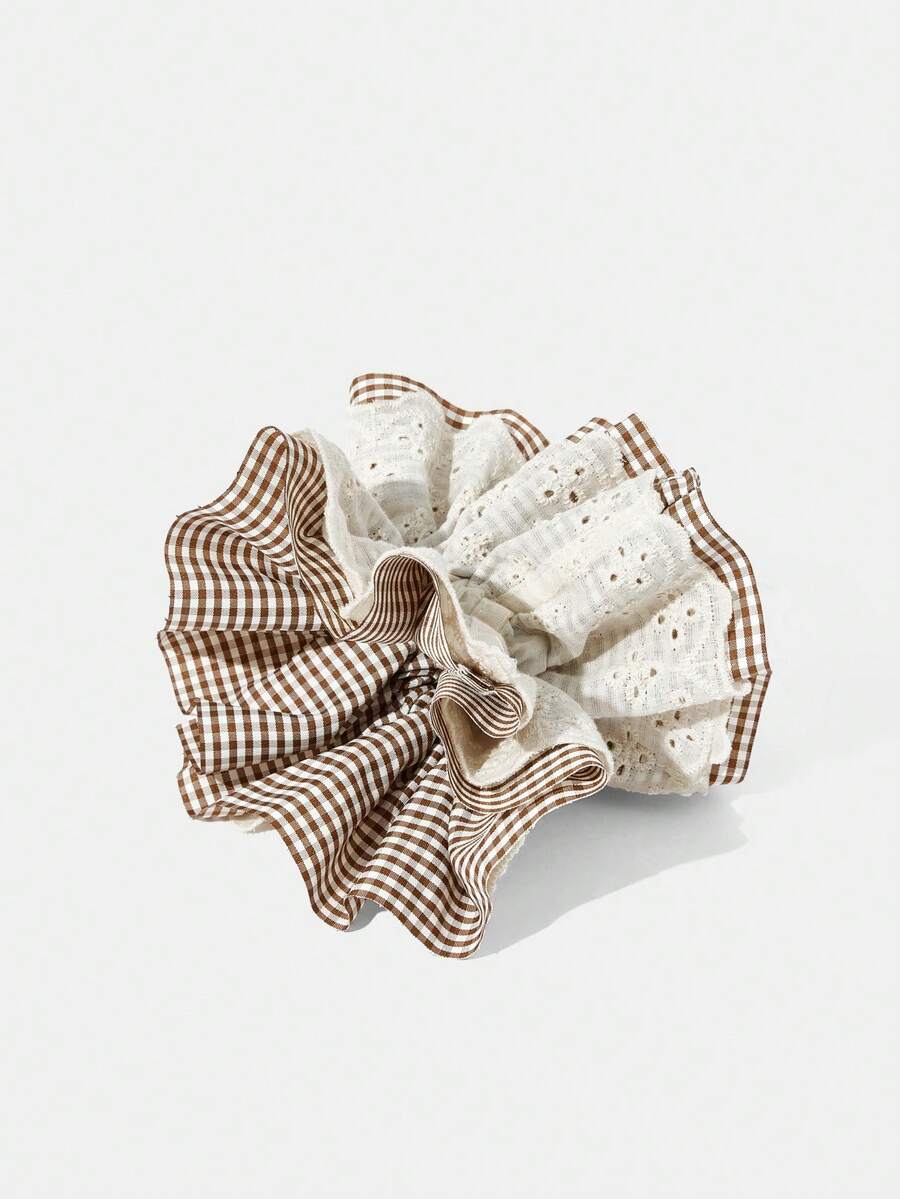 Plaid Lace Ruffle Scrunchie, 4-Layer Large Bun Hair Tie For Women
