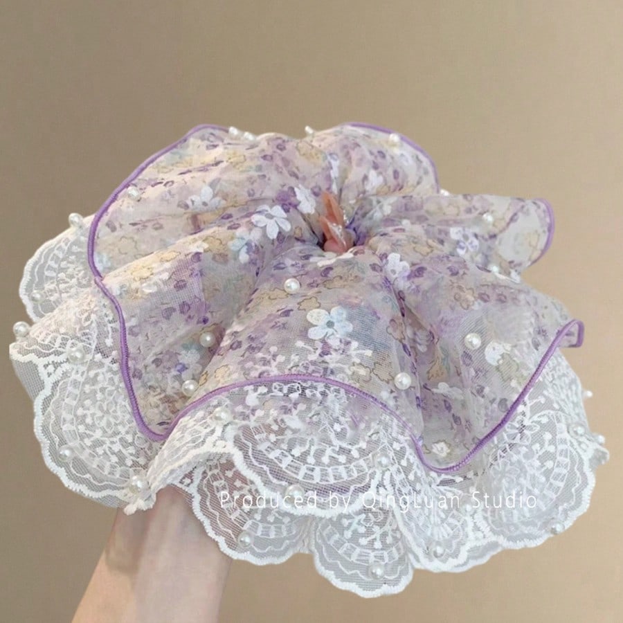 Retro Ditsy Floral Lace Scrunchie, Faux Pearl Decor Hair Tie For Women