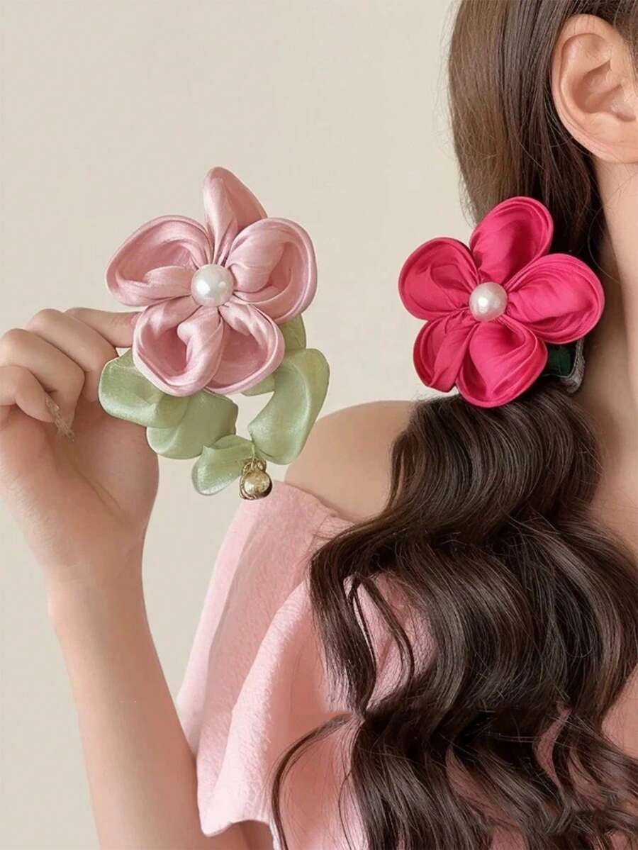 Faux Pearl Flower Scrunchie, Elegant Leather Band Hair Tie For Women