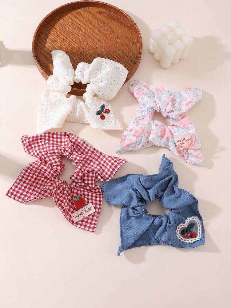 French Lace Plaid Scrunchies Set, 1/4pcs Sweet Girl Hair Ties With Cherry Design